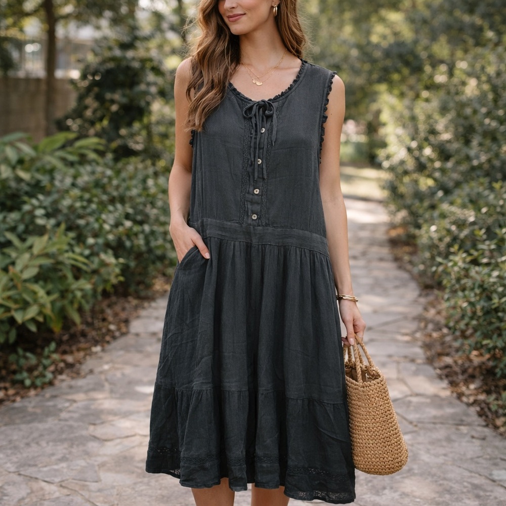 O'neill Sleeveless Cotton Tie-Neck Midi Dress in Charcoal Boho Hippie Festival L - Picture 1 of 8